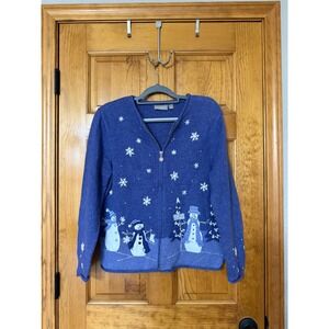 Croft & Barrow Womens Blue Snowman Snowflake Zip Up Cardigan Sweater Size M